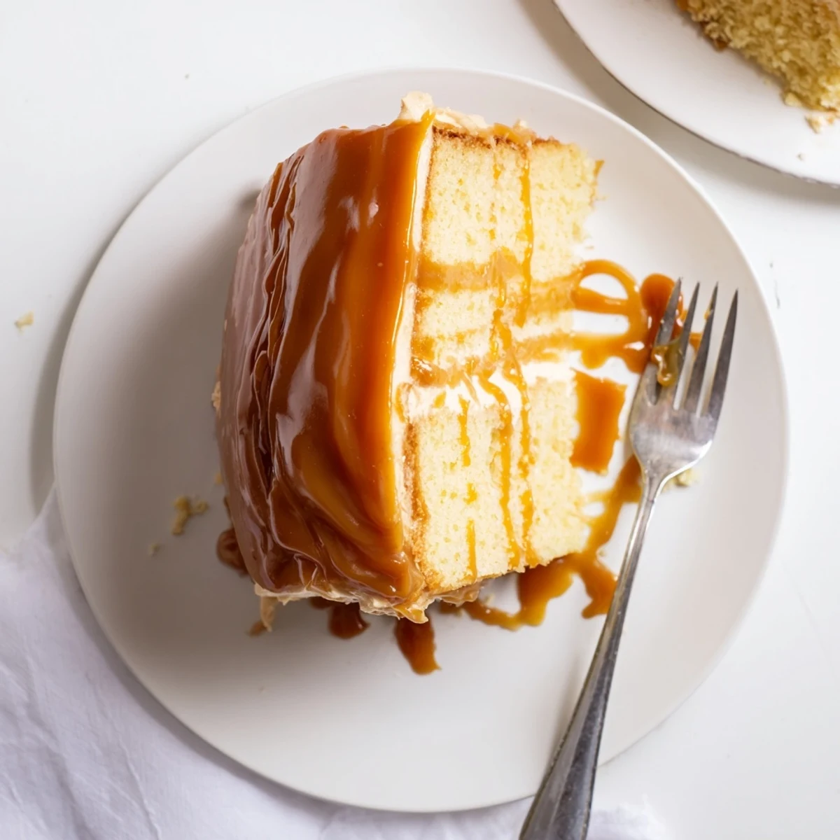 Slice of indulgent caramel cake revealing tender crumbs topped with rich caramel buttercream and sweet drizzle