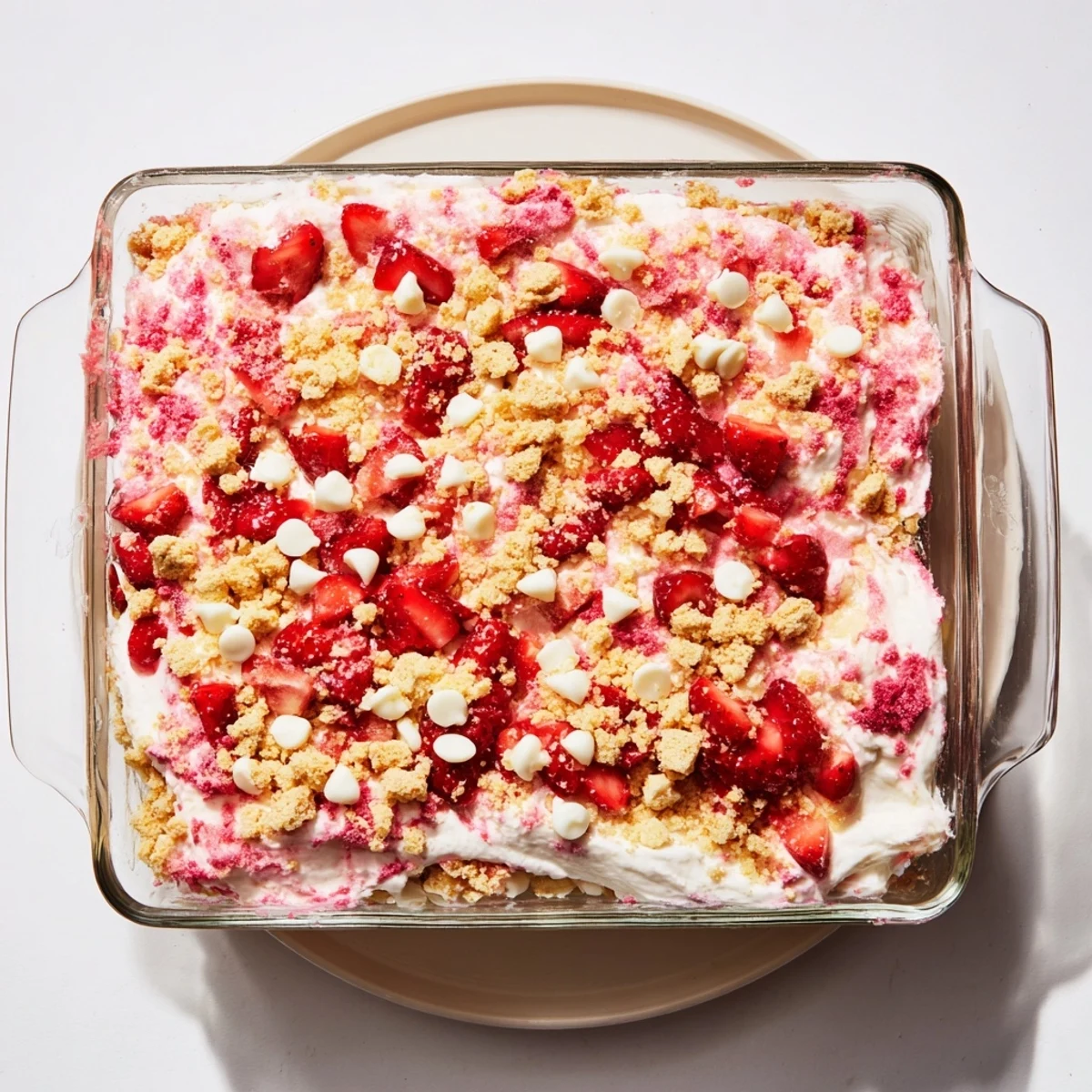 Golden strawberry cheesecake crunch dessert with juicy strawberries and white baked crunch layers