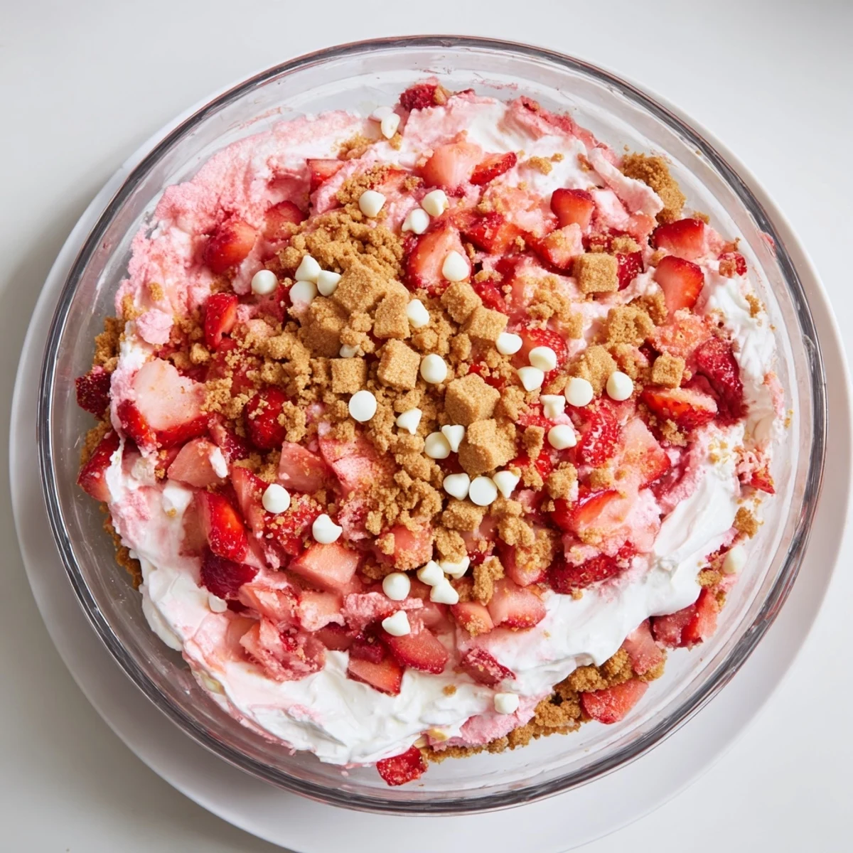 Slice of strawberry cheesecake crunch showing whipped cream filling with sweet red strawberry pieces