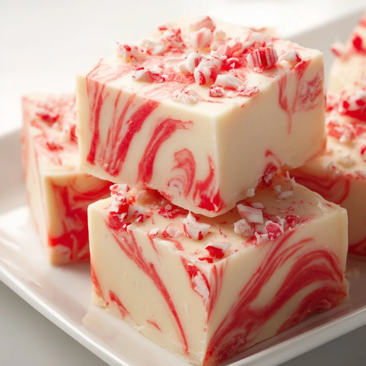 Creamy peppermint swirl fudge squares topped with crushed candy cane pieces on white plate