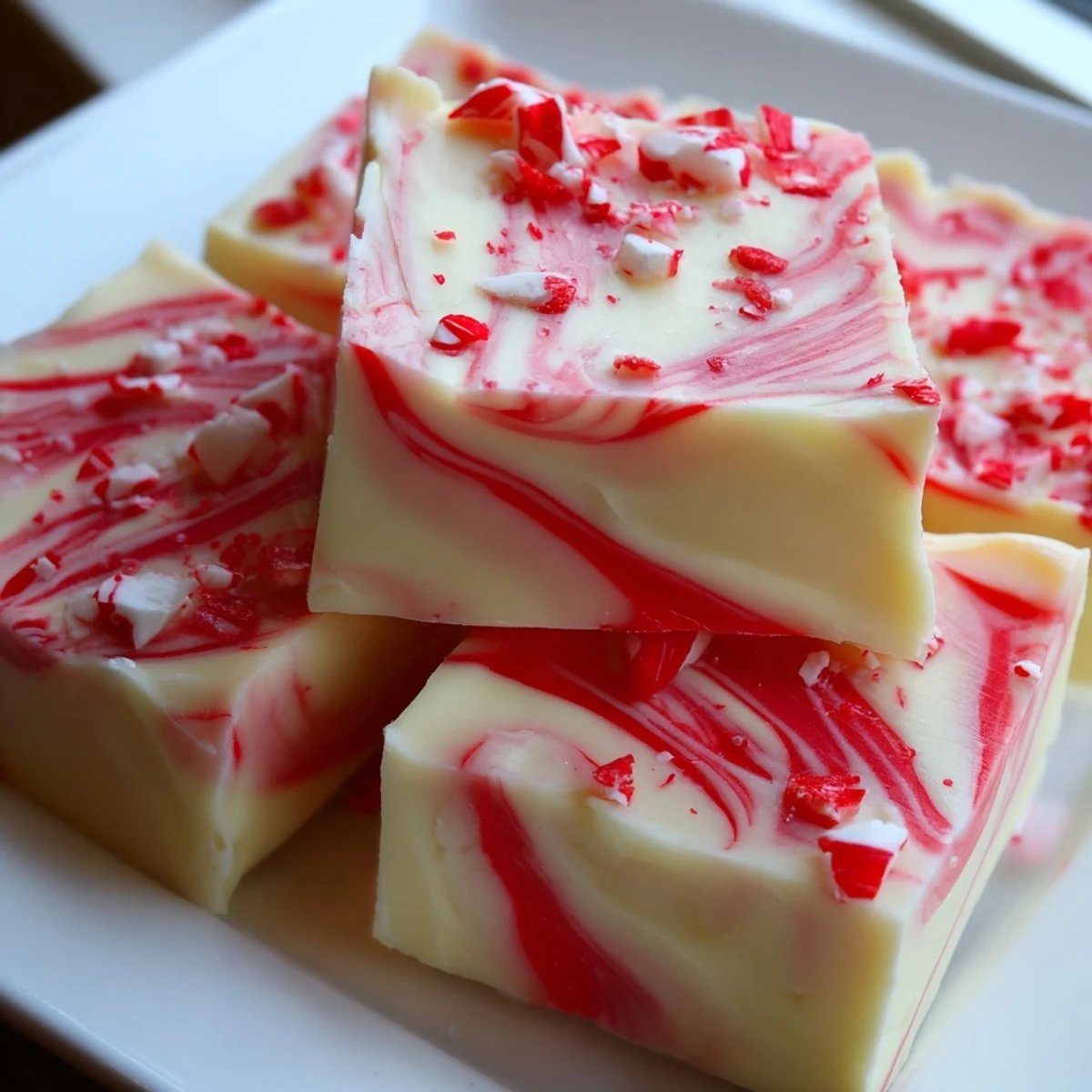 Festive peppermint swirl fudge arranged on decorative serving tray with powdered snow dusting