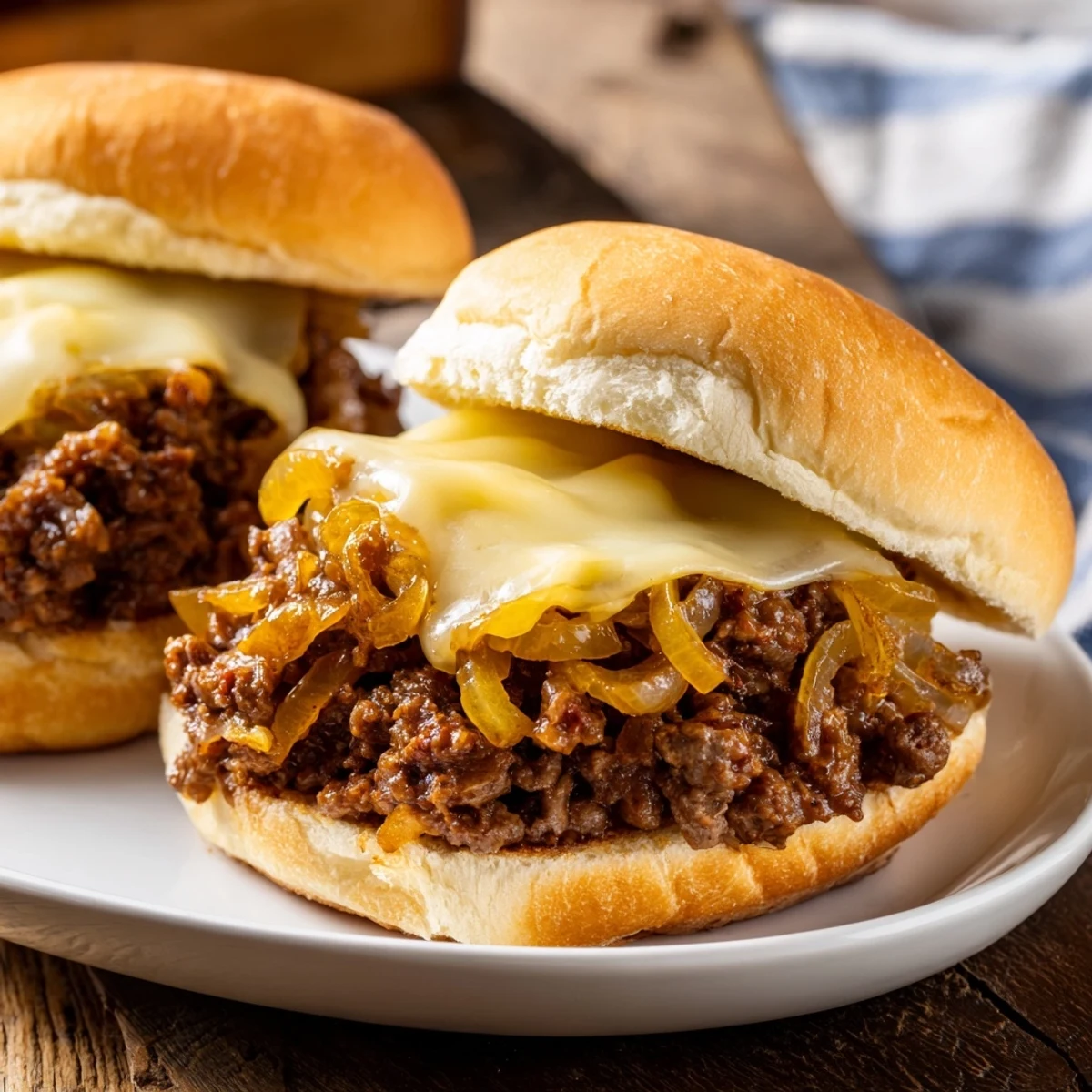 Hearty French Onion Beef Sloppy Joes piled high on soft buns with gooey cheese and rich beef broth