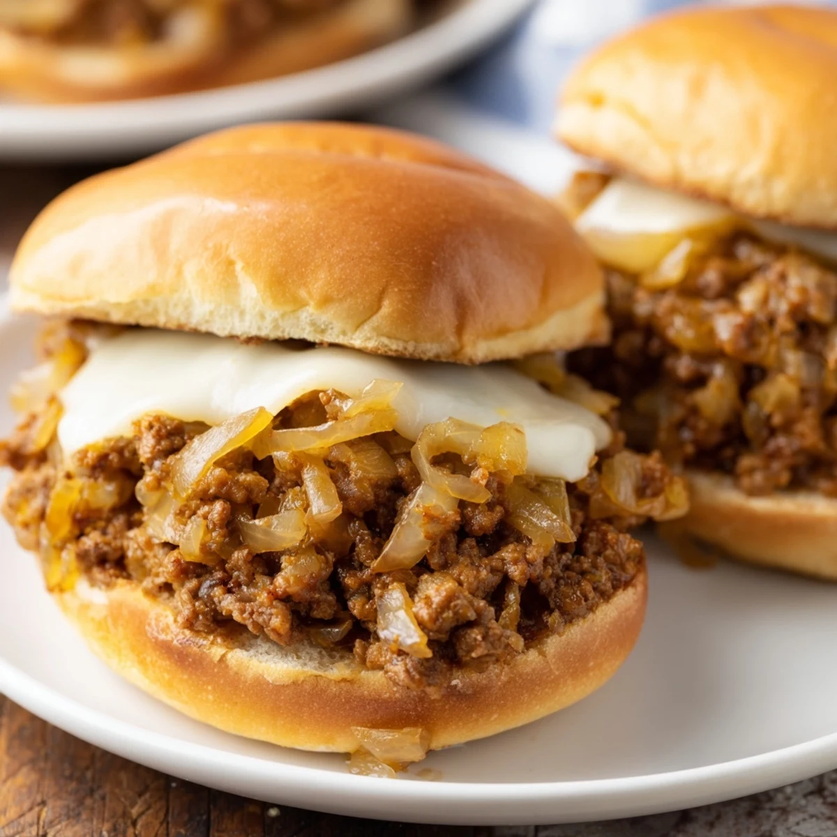 Golden caramelized onions and savory ground beef topped with melted provolone on a toasted bun for French Onion Beef Sloppy Joes