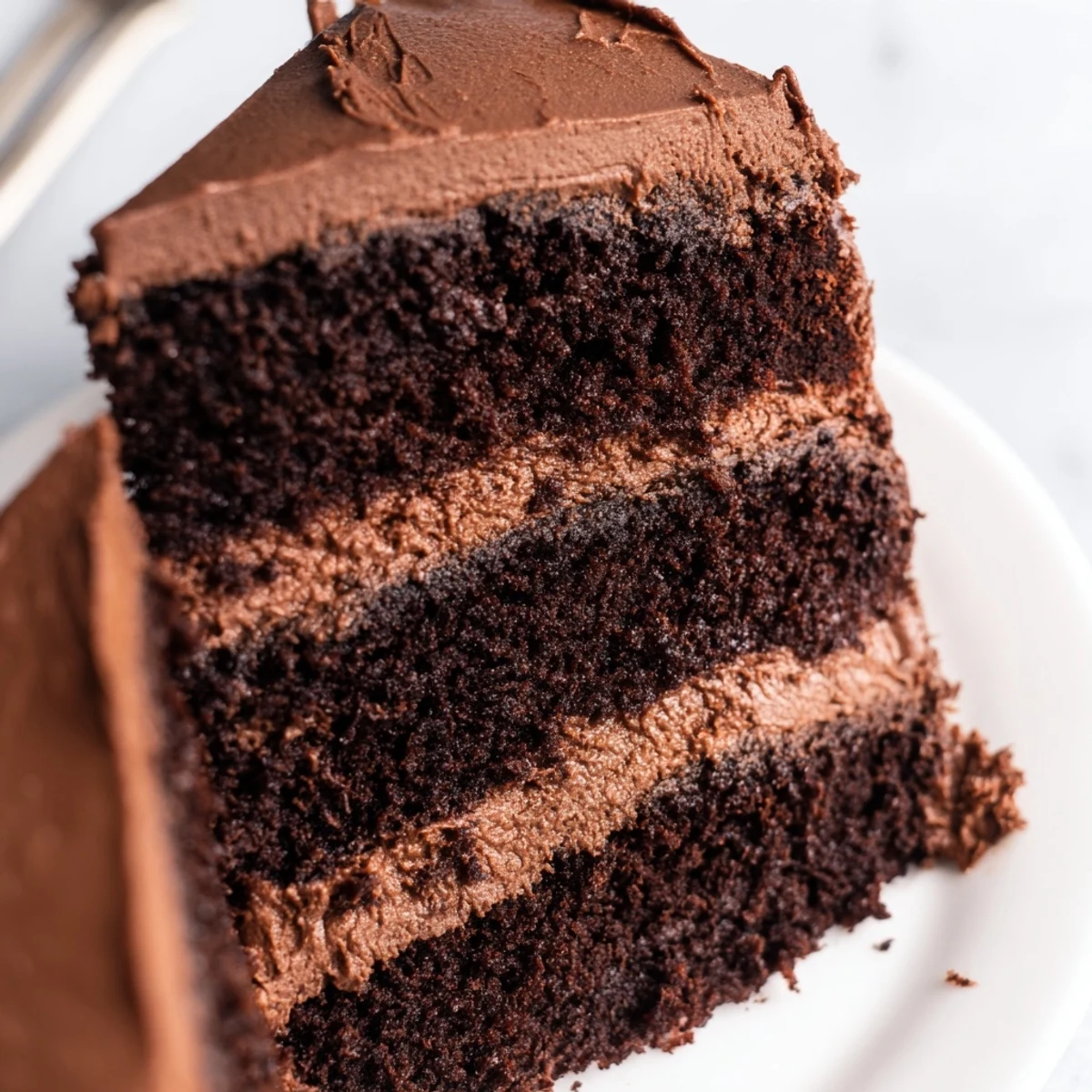 Rich chocolate cake made with mayonnaise, showing deep dark layers with smooth chocolate frosting between them.