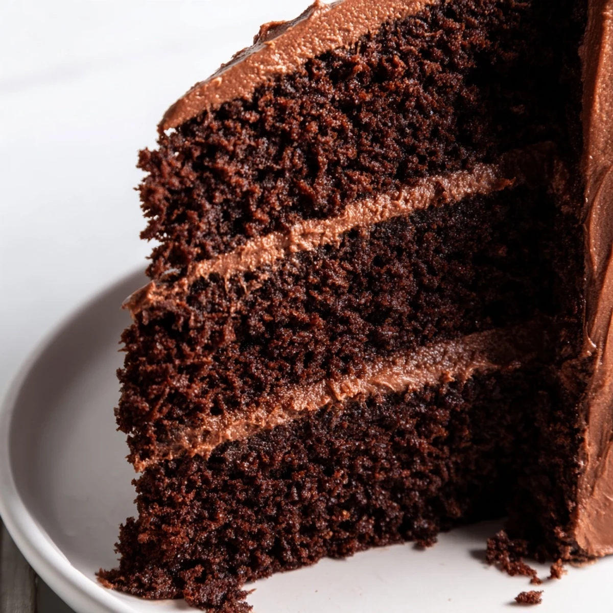 Moist chocolate mayonnaise cake with tender crumb, frosted and ready to slice on a white serving plate.
