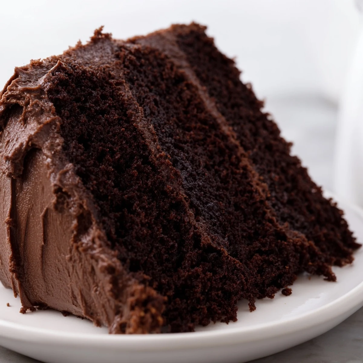 Slice of decadent chocolate mayonnaise cake displaying its incredibly moist texture and glossy chocolate ganache topping.