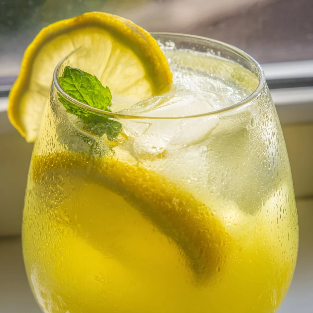Fresh homemade lemonade recipe served in a clear glass pitcher with floating lemon slices and ice cubes on a wooden table