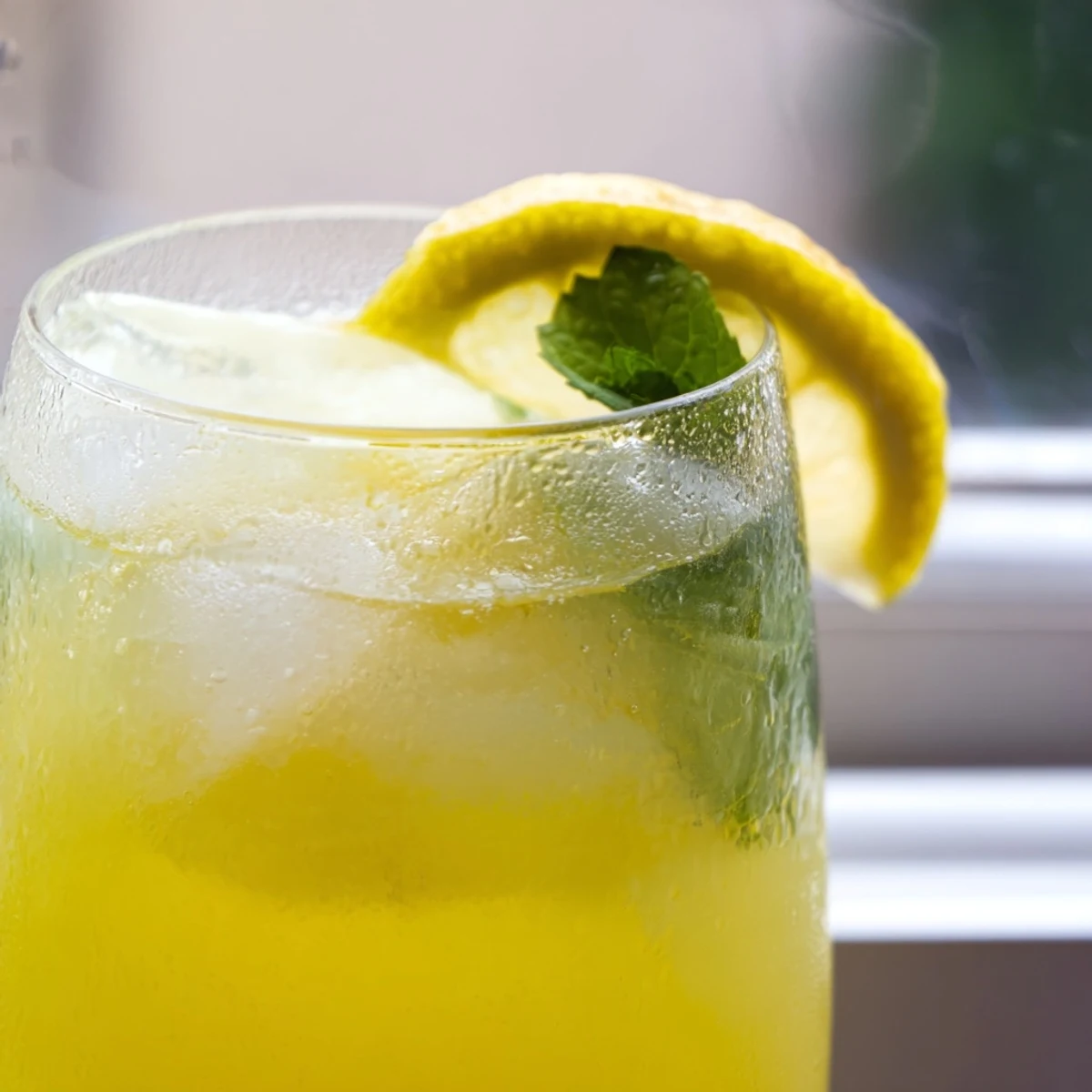 Golden citrus lemonade recipe with ice cubes clinking in a mason jar decorated with mint sprigs on a bright sunny day