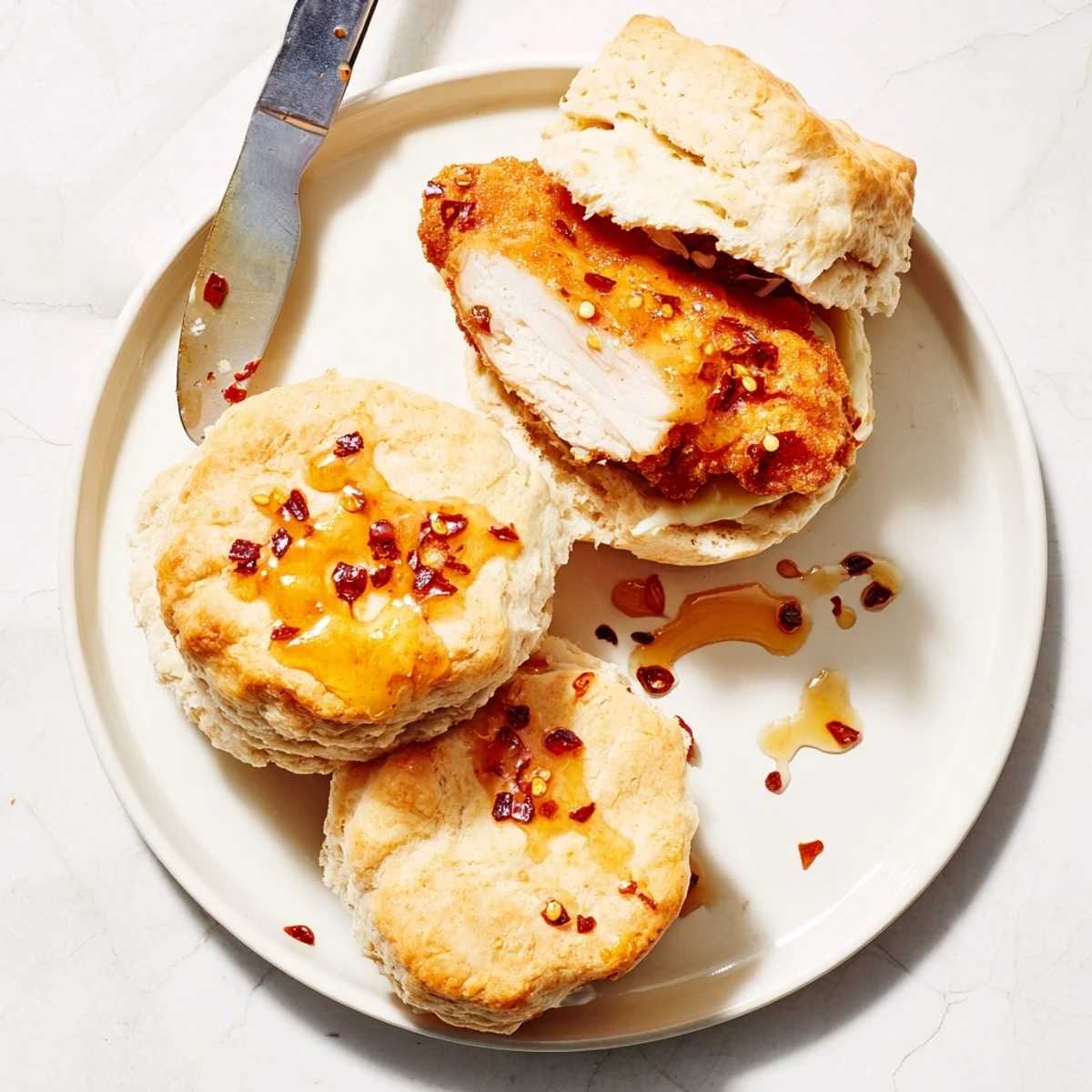 Fluffy buttermilk biscuits sandwiching crunchy fried chicken topped with warm spicy honey drizzle
