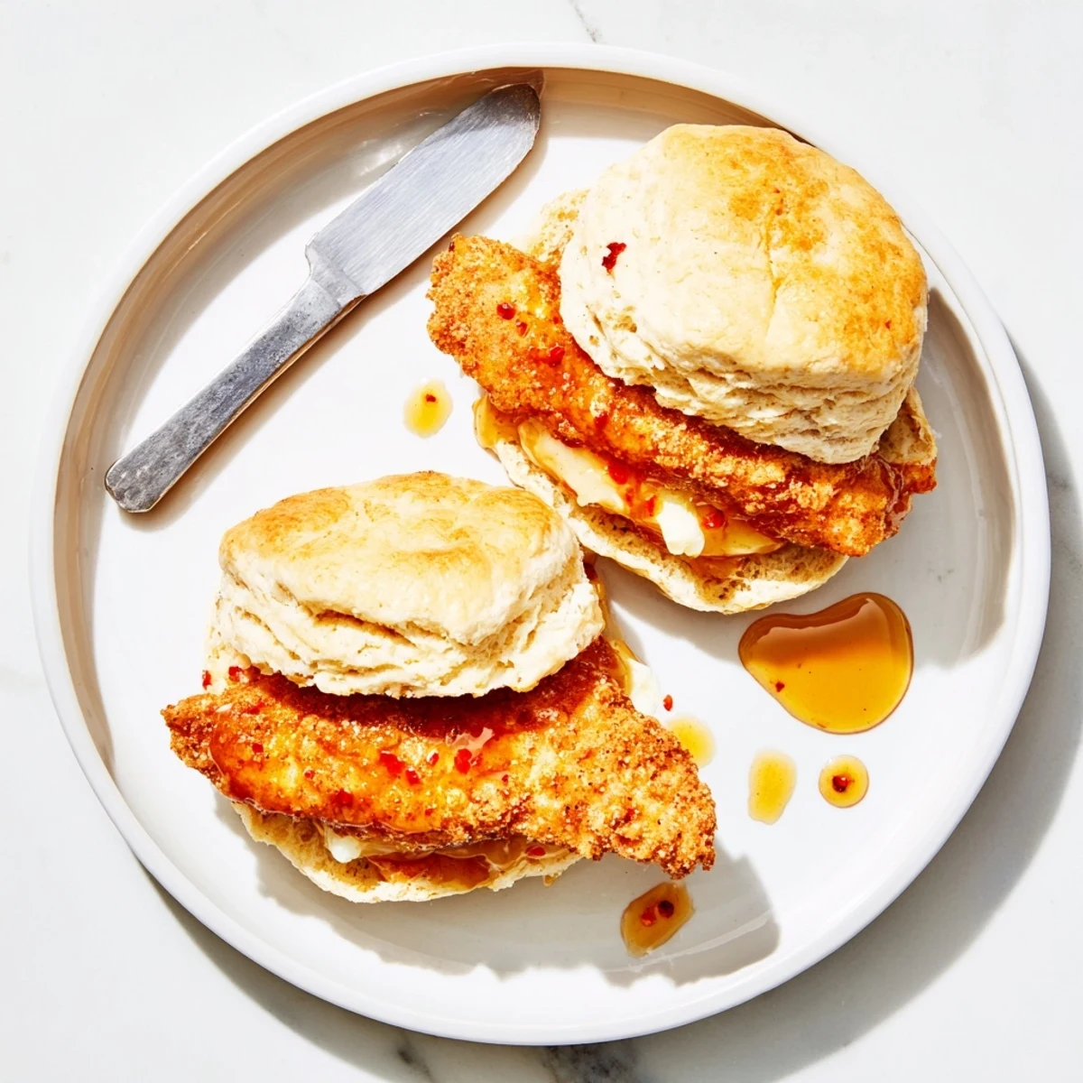 Golden hot honey chicken biscuits featuring crispy fried chicken and spicy sweet honey glaze