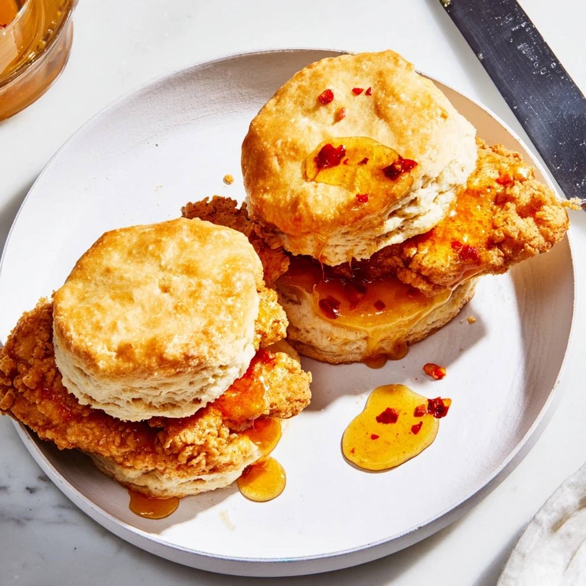 Southern-style hot honey chicken biscuits stacked high with golden fried chicken and honey glaze