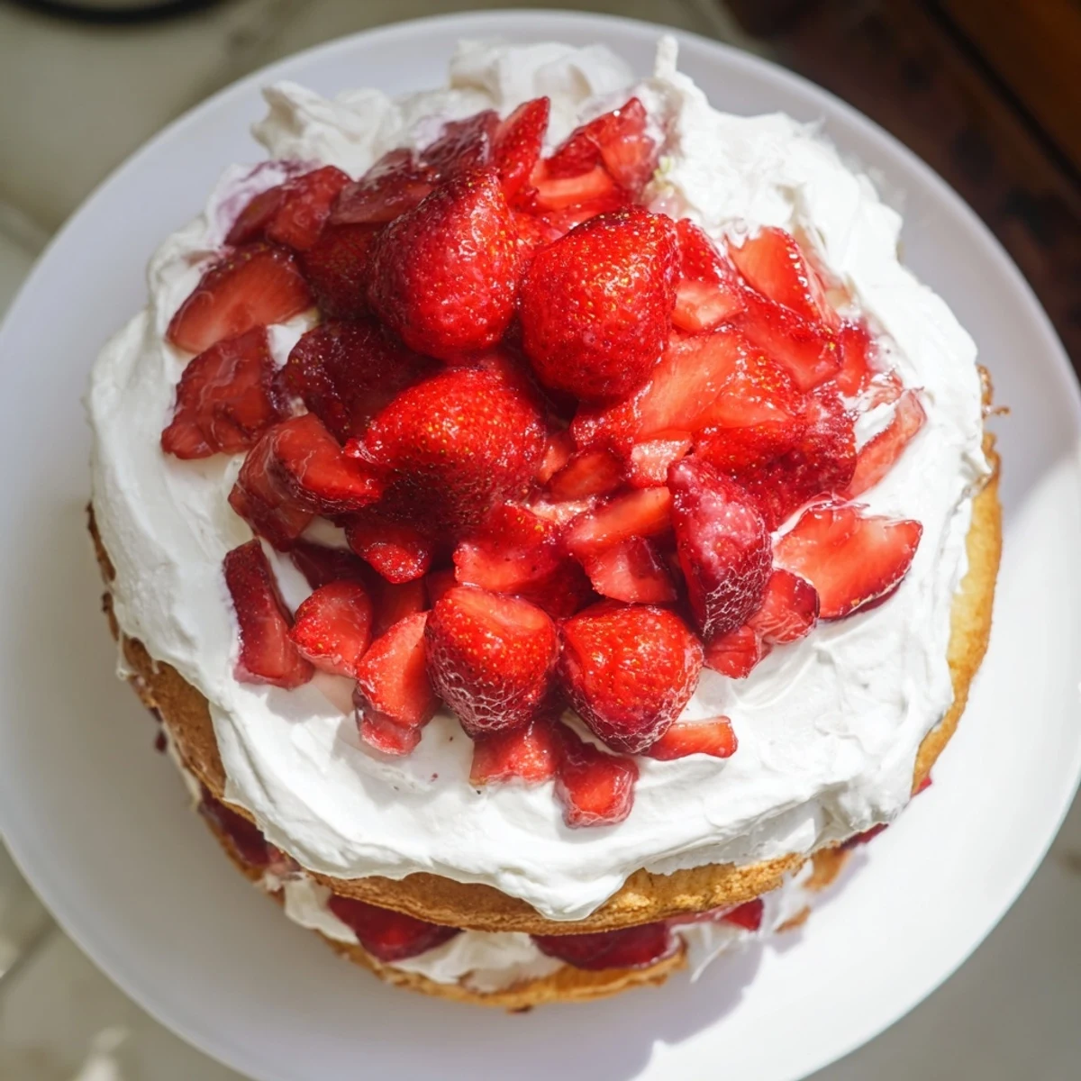 Golden vanilla sponge stacked with fresh strawberries and clouds of whipped cream in this strawberry shortcake cake