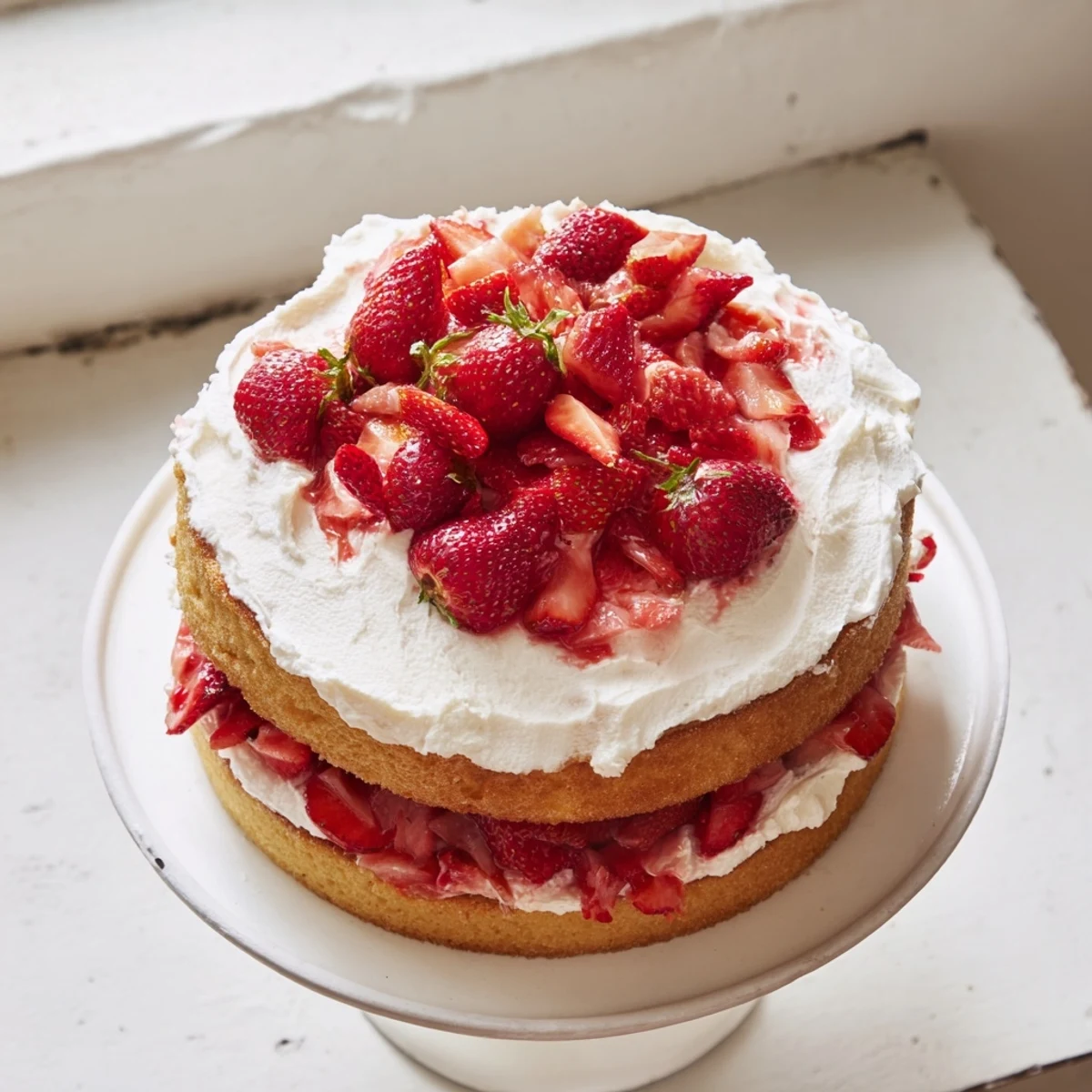 Classic strawberry shortcake cake featuring tender layers filled with juicy macerated berries and sweet whipped cream frosting