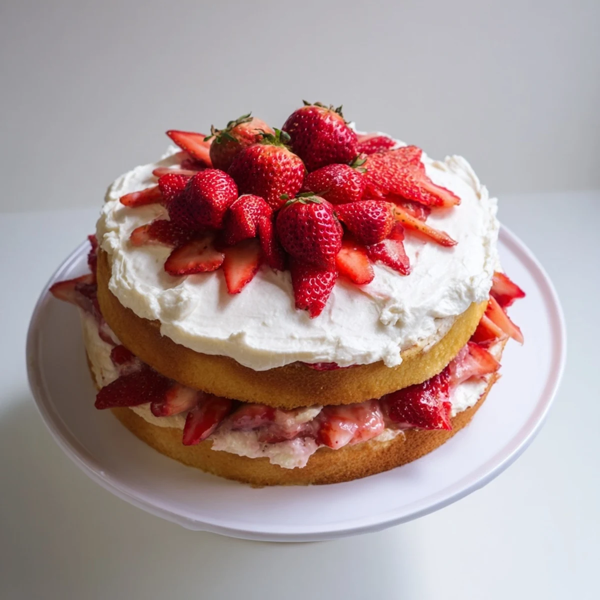 Slice of strawberry shortcake cake revealing white cream and red berries between moist vanilla cake layers