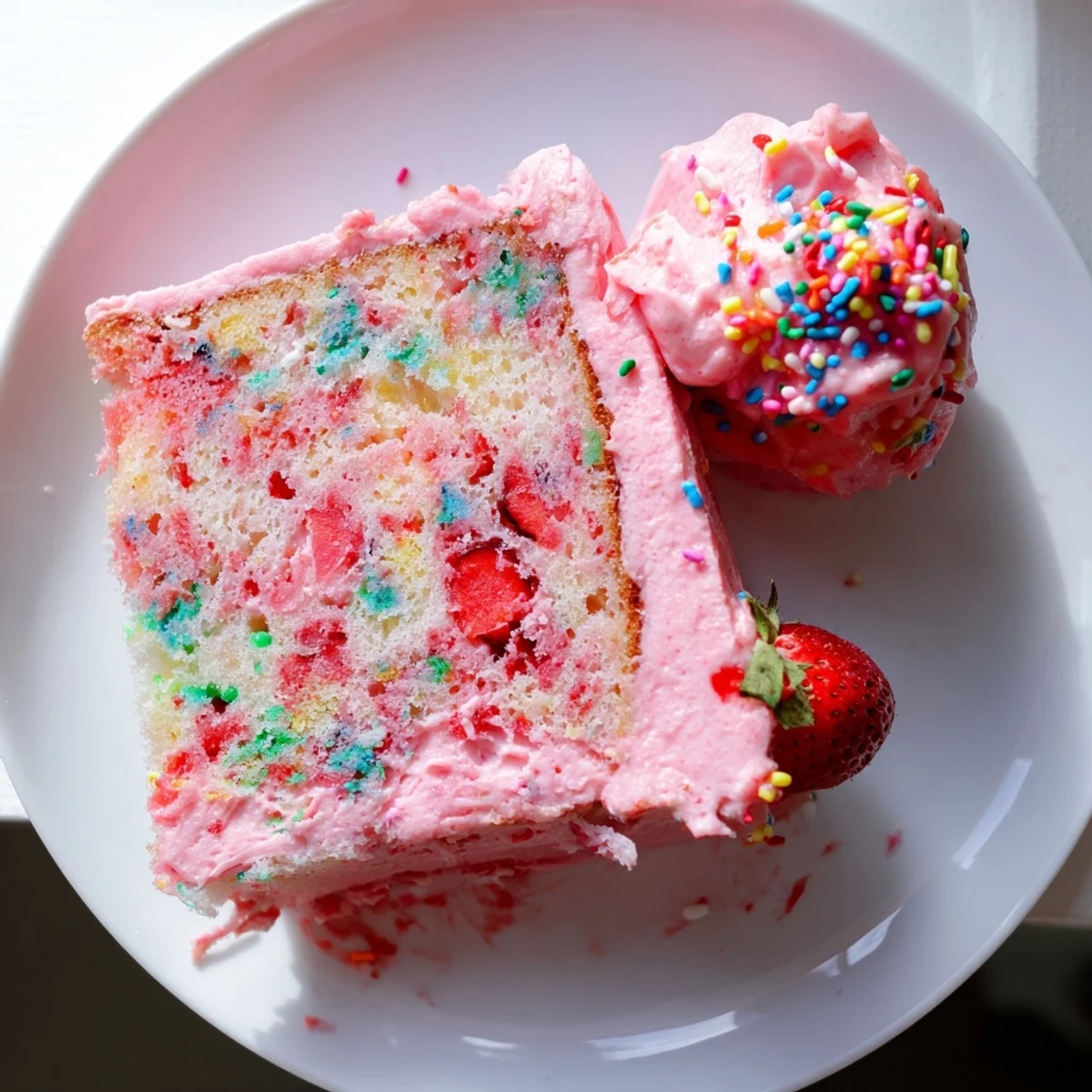 Whimsical strawberry funfetti cake layered with pink strawberry buttercream and rainbow sprinkles
