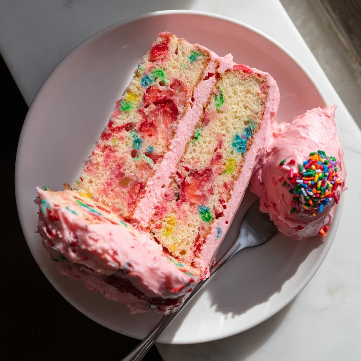 Two-layer strawberry funfetti cake topped with creamy strawberry buttercream and vibrant rainbow jimmies