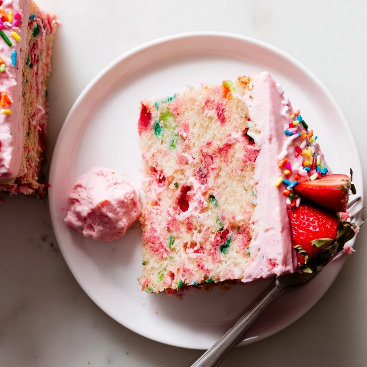 Pink frosted strawberry funfetti cake sliced on white plate with colorful confetti speckles