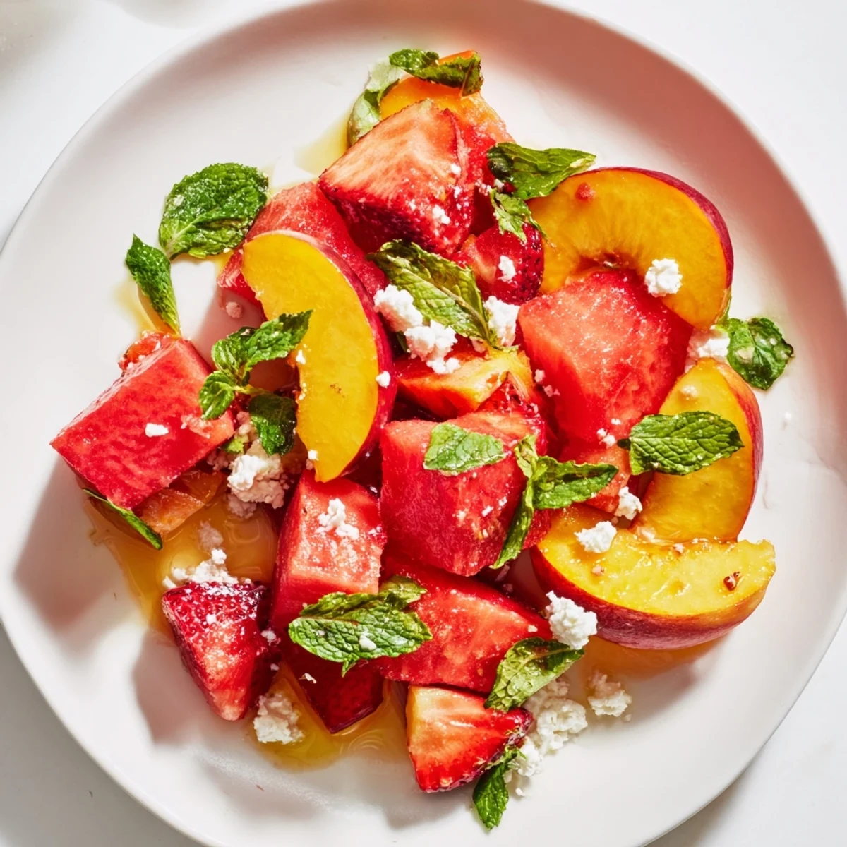 Refreshing summer peach watermelon salad with sliced peaches, cubed watermelon, strawberries, and herbs drizzled with zesty lime dressing