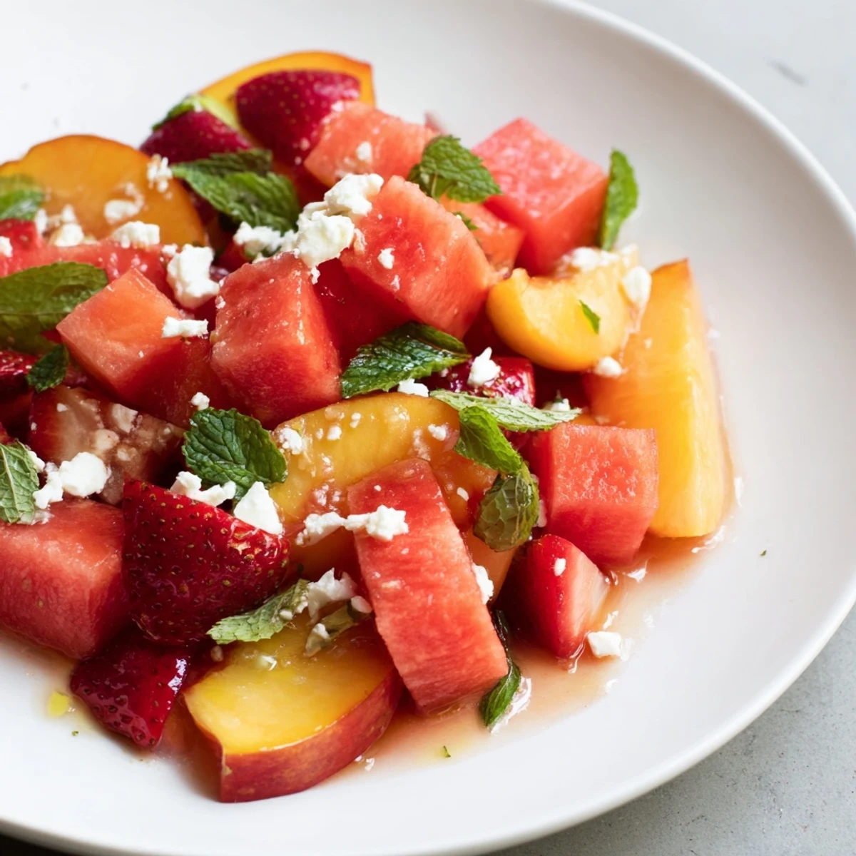Vibrant summer peach watermelon salad bowl with lime dressing, fresh mint leaves, and optional feta cheese topping