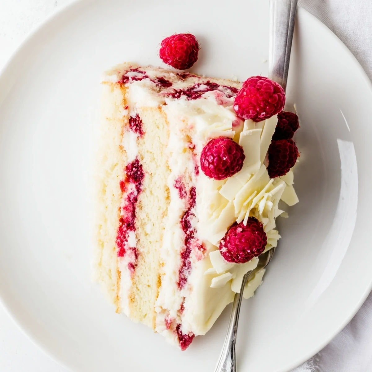 Slice of fluffy white chocolate raspberry dream cake topped with chocolate curls and fresh red raspberries