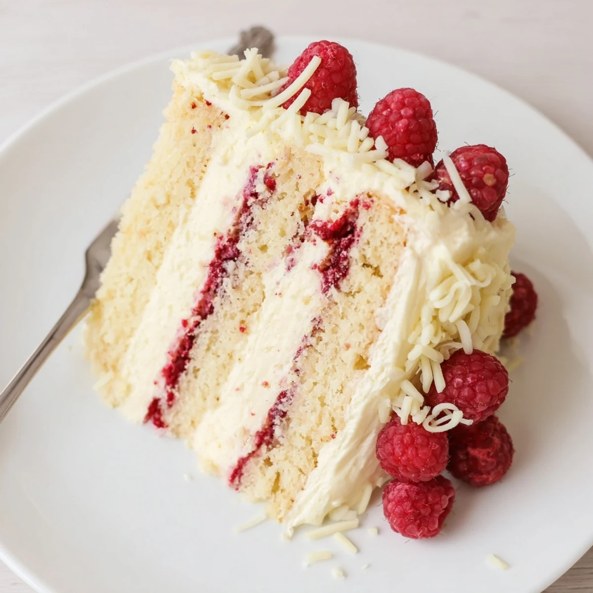Decadent three-layer white chocolate raspberry cake filled with tangy raspberry jam and smooth cream cheese frosting