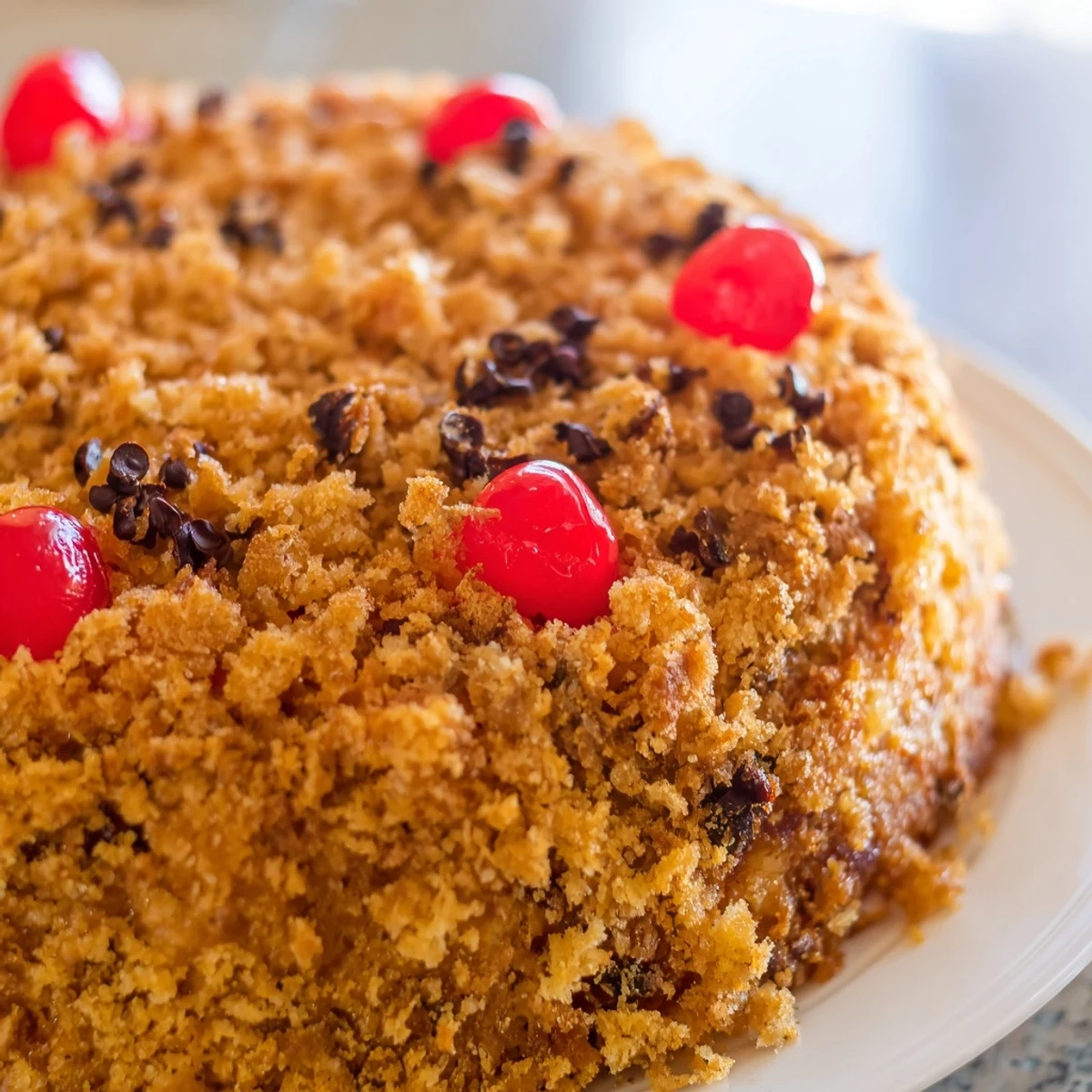 Decadent banana split dump cake featuring layered bananas pineapple cherries and chocolate chips