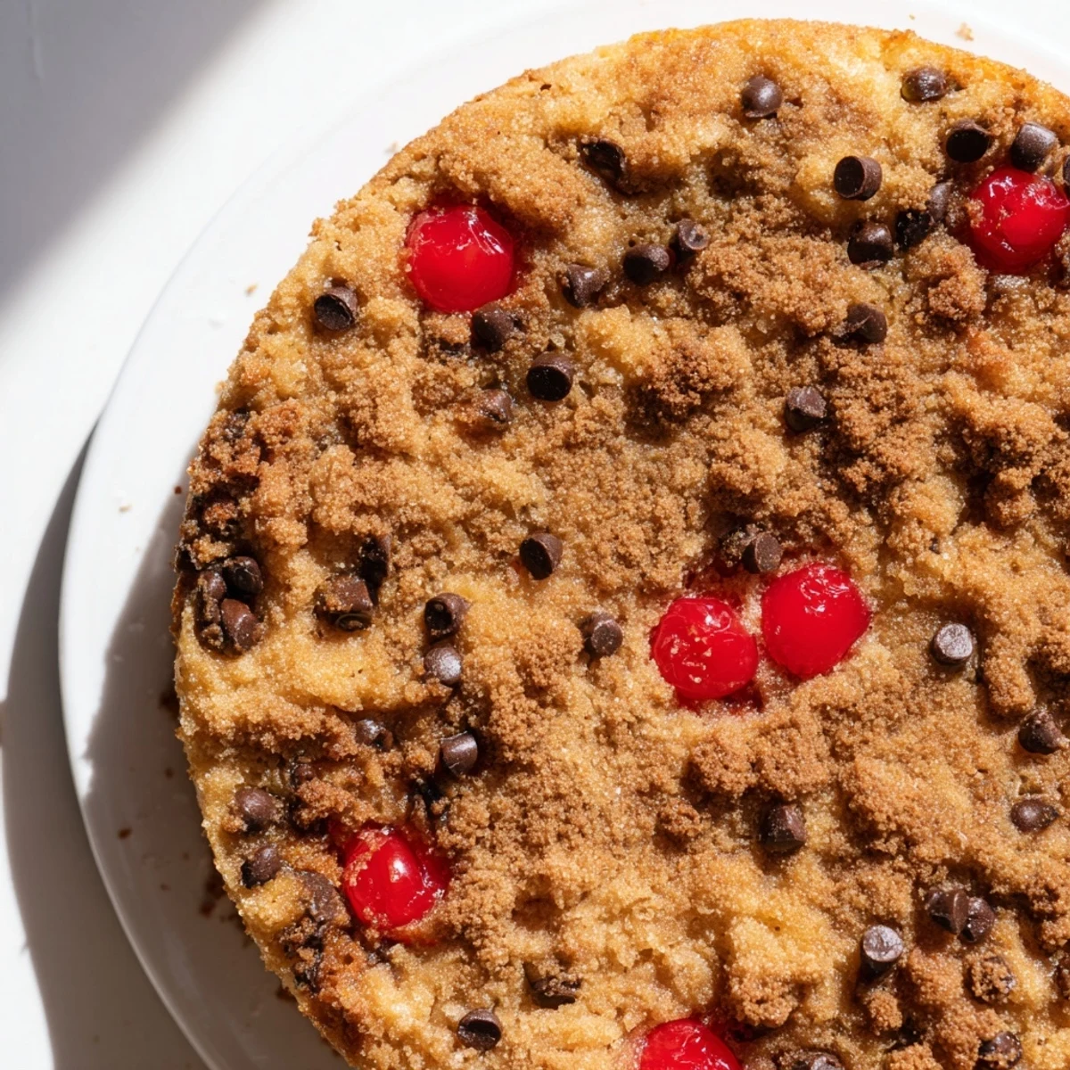 Warm banana split dump cake served with whipped cream and maraschino cherry garnish