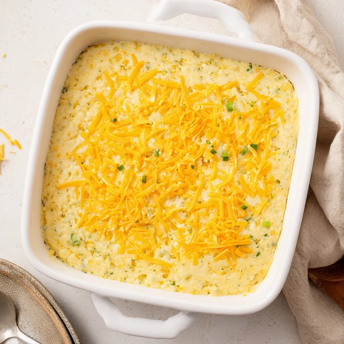Golden brown Jiffy corn casserole with creamy corn kernels baked to perfection in a casserole dish