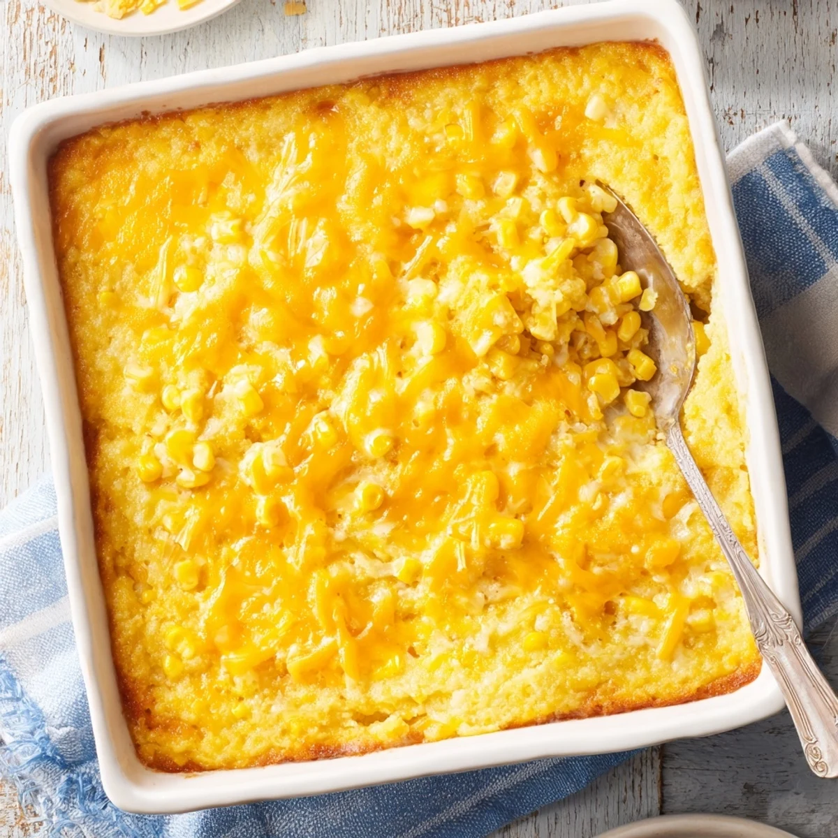Creamy homemade Jiffy corn casserole topped with melted cheddar cheese, ready to serve as a holiday side