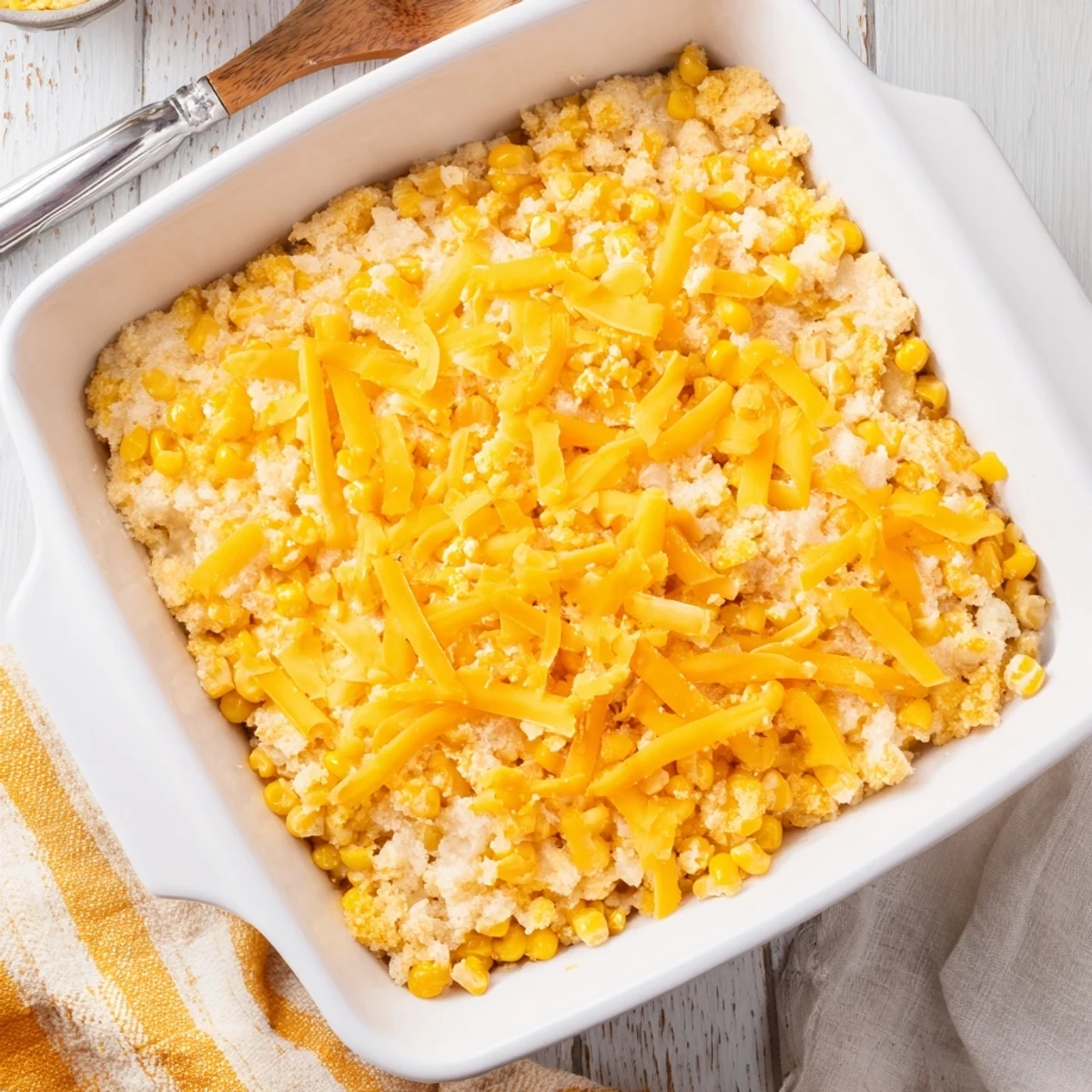 Steaming spoonful of classic Jiffy corn casserole showing its moist texture and golden cornbread crust