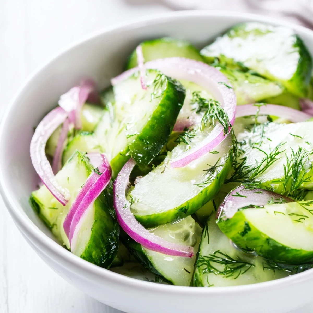 Fresh cucumber salad bowl with thinly sliced red onions, chopped dill, and tangy vinaigrette dressing.