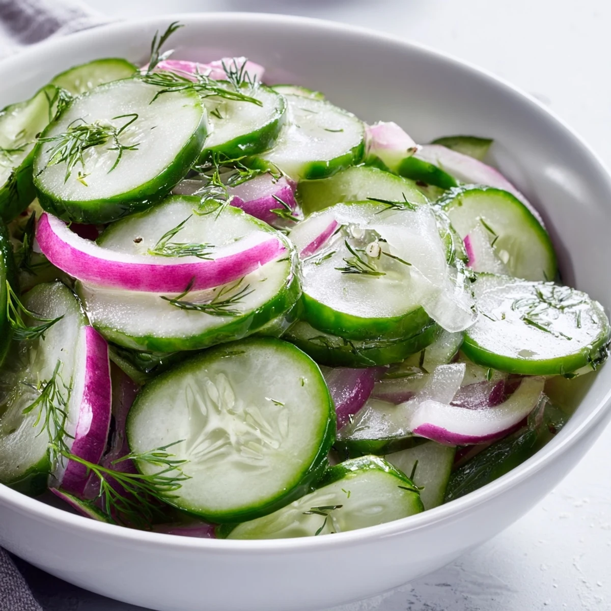 Crisp cucumber salad featuring vibrant red onions and fresh dill in a light tangy vinaigrette.