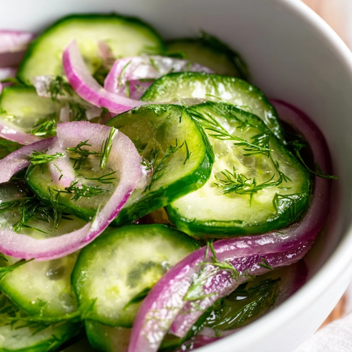 Garden fresh cucumber salad arranged in a white bowl with zesty red onion and herb dressing.