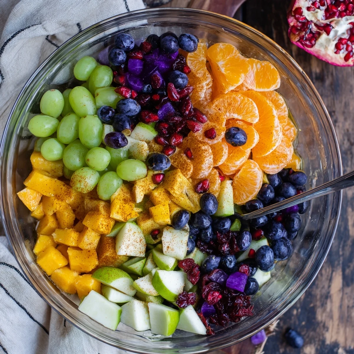 Spooky themed fruit salad drizzled with sweet honey orange dressing and colorful mixed berries