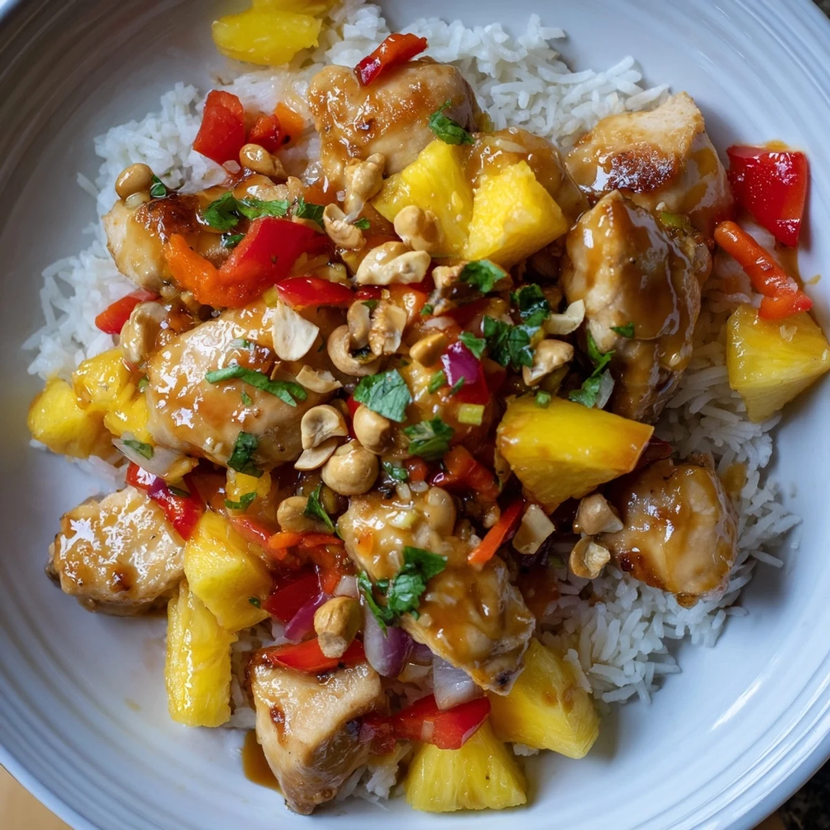 Tropical Sweet And Spicy Chicken Rice Delight steaming over fluffy white rice