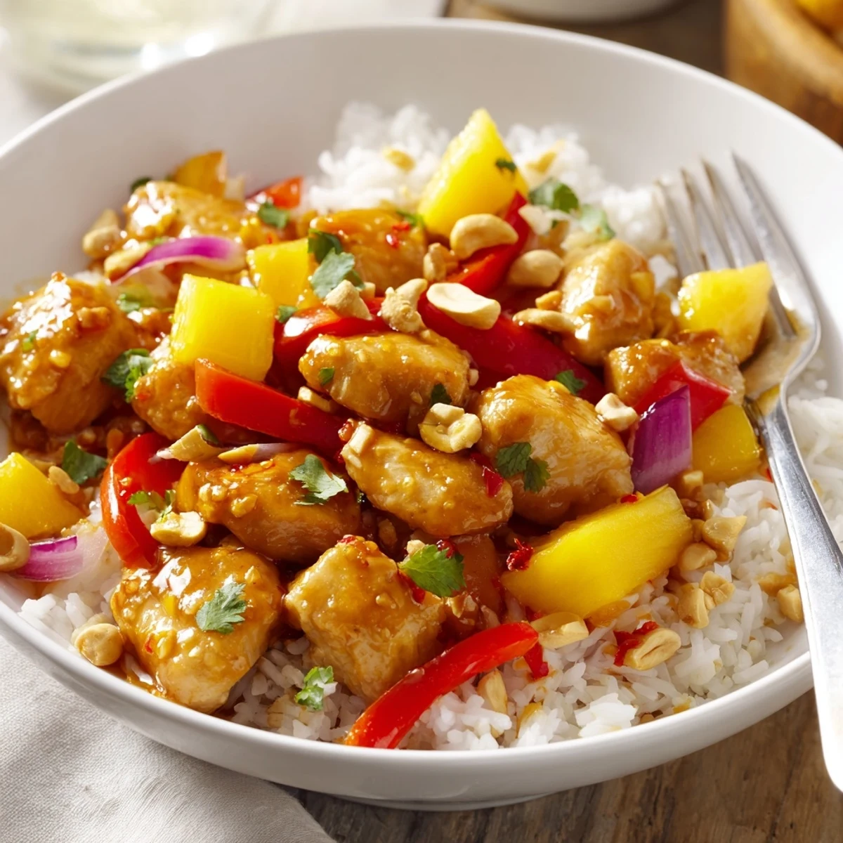 Tropical Sweet And Spicy Chicken Rice Delight garnished with toasted cashews, honey glaze