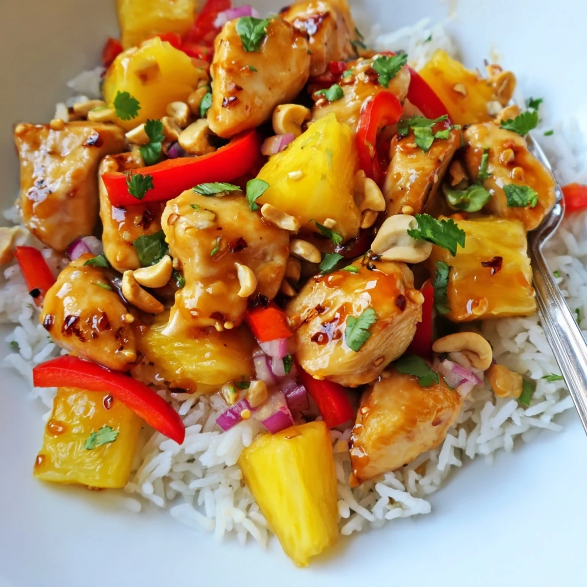 Bright Tropical Sweet And Spicy Chicken Rice Delight with juicy pineapple and cilantro