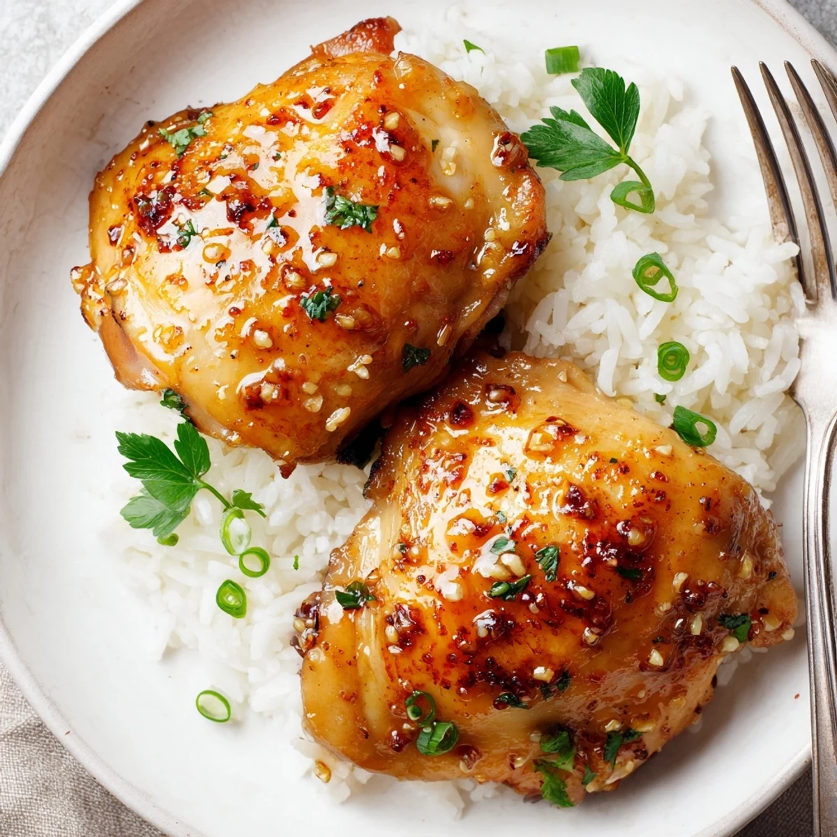 Oven-baked Sweet And Sticky Honey Butter Chicken Thighs with glossy caramelized garlic glaze