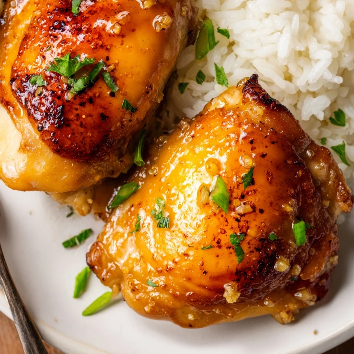Seared then baked Sweet And Sticky Honey Butter Chicken Thighs, juicy, garnished with parsley