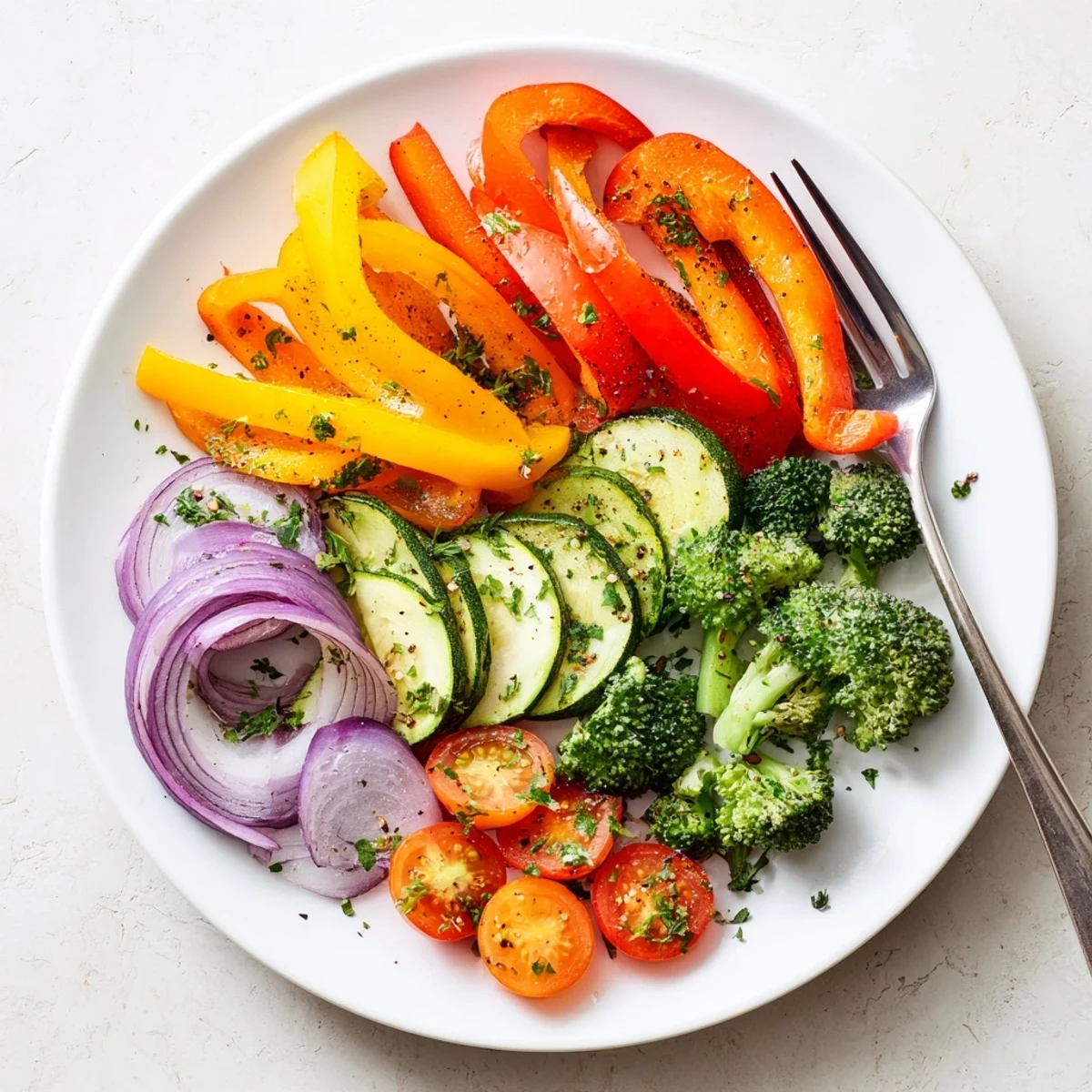 Warm Garlic Infused Olive Oil Sauteed Veggies tossed with blistered cherry tomatoes