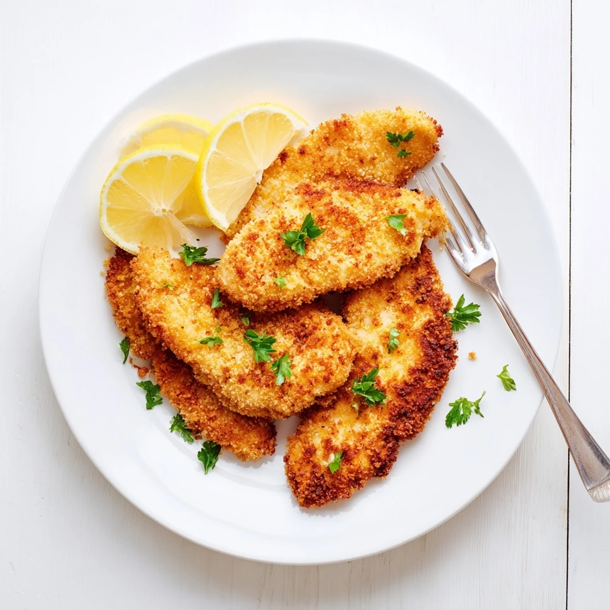 Golden crunchy lemon chicken breast with crispy panko coating and fresh lemon wedge garnish on white plate