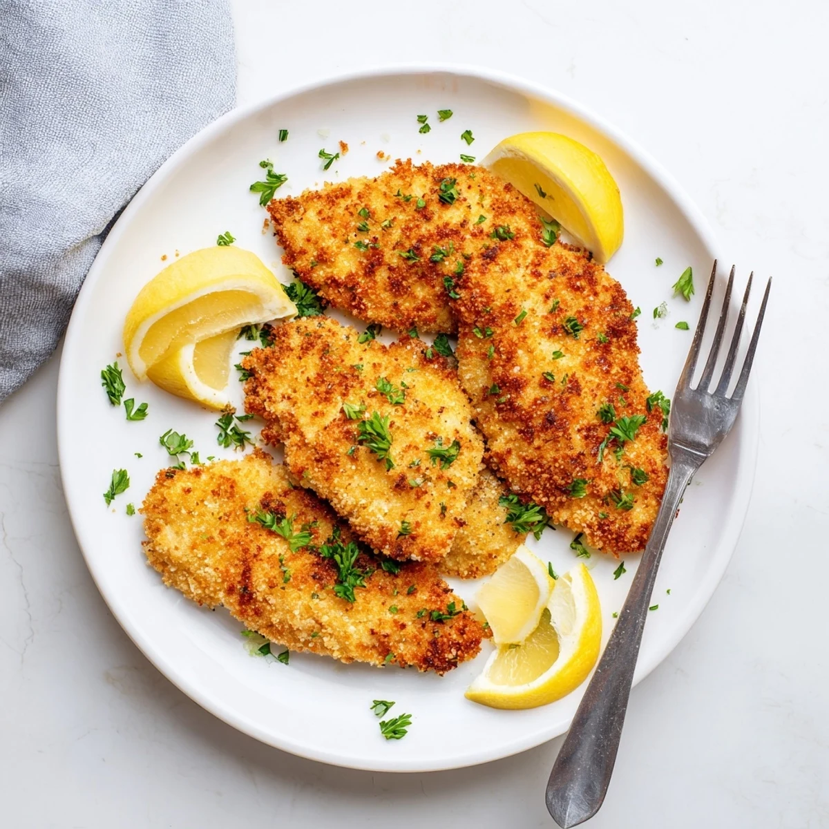Baked golden lemon chicken with vibrant parsley garnish served alongside roasted potatoes on rustic wooden board