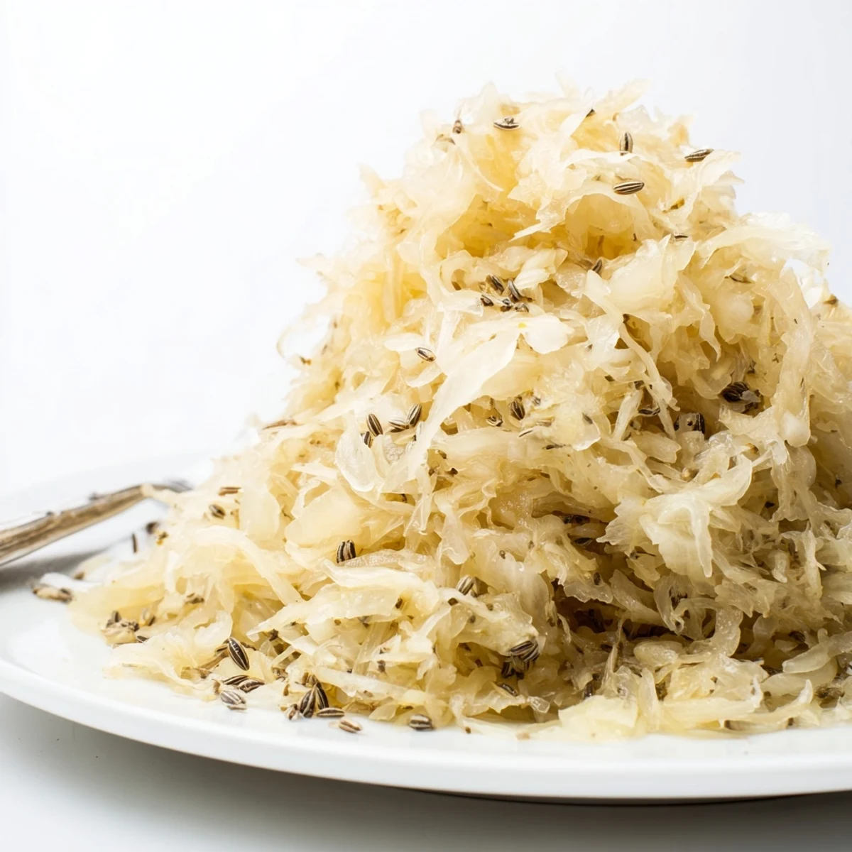 Golden fermented sauerkraut packed in glass jar with tangy brine and shredded cabbage textures