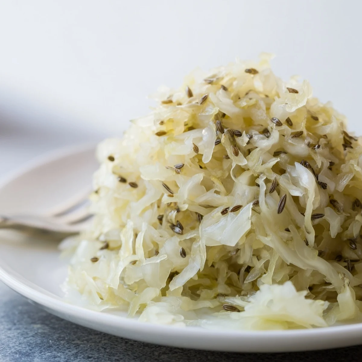 Homemade German sauerkraut mounded in white bowl alongside fresh caraway seeds and crisp green garnish