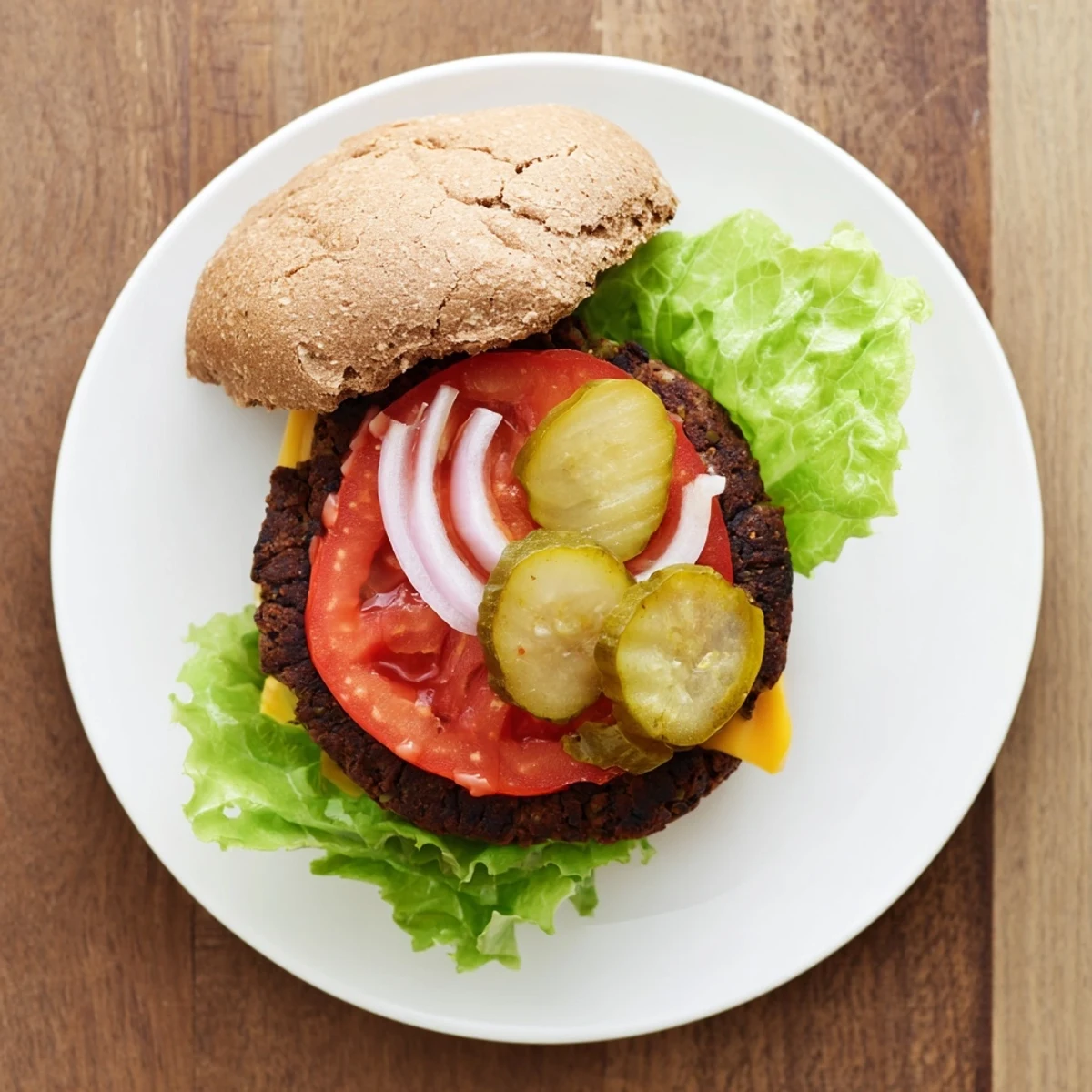Golden veggie burgers on toasted buns topped with fresh lettuce tomato and crisp pickles