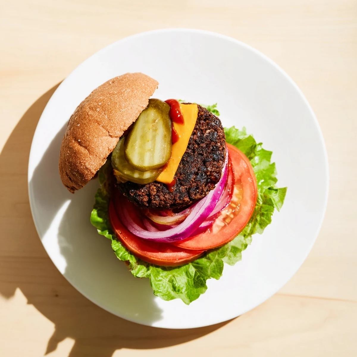 Hearty black bean veggie burgers sizzling in a skillet with grilled vegetable filling