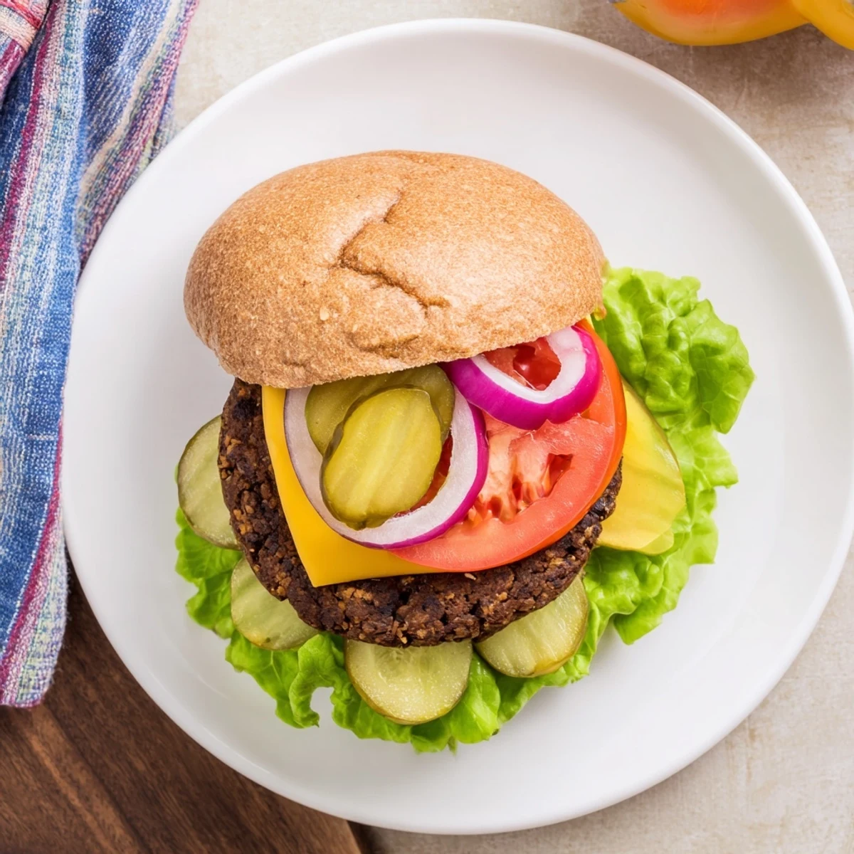 Homemade veggie burgers stacked high with colorful toppings on whole wheat buns ready to serve
