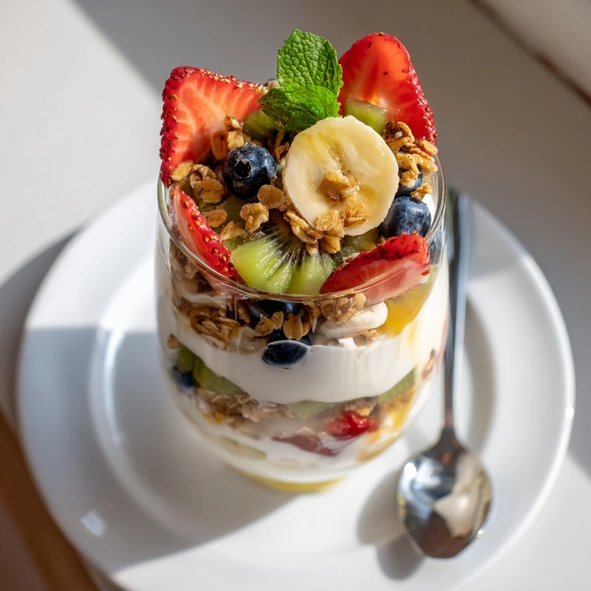 Layered yogurt parfait recipe with honey and fresh colorful fruits in clear glass