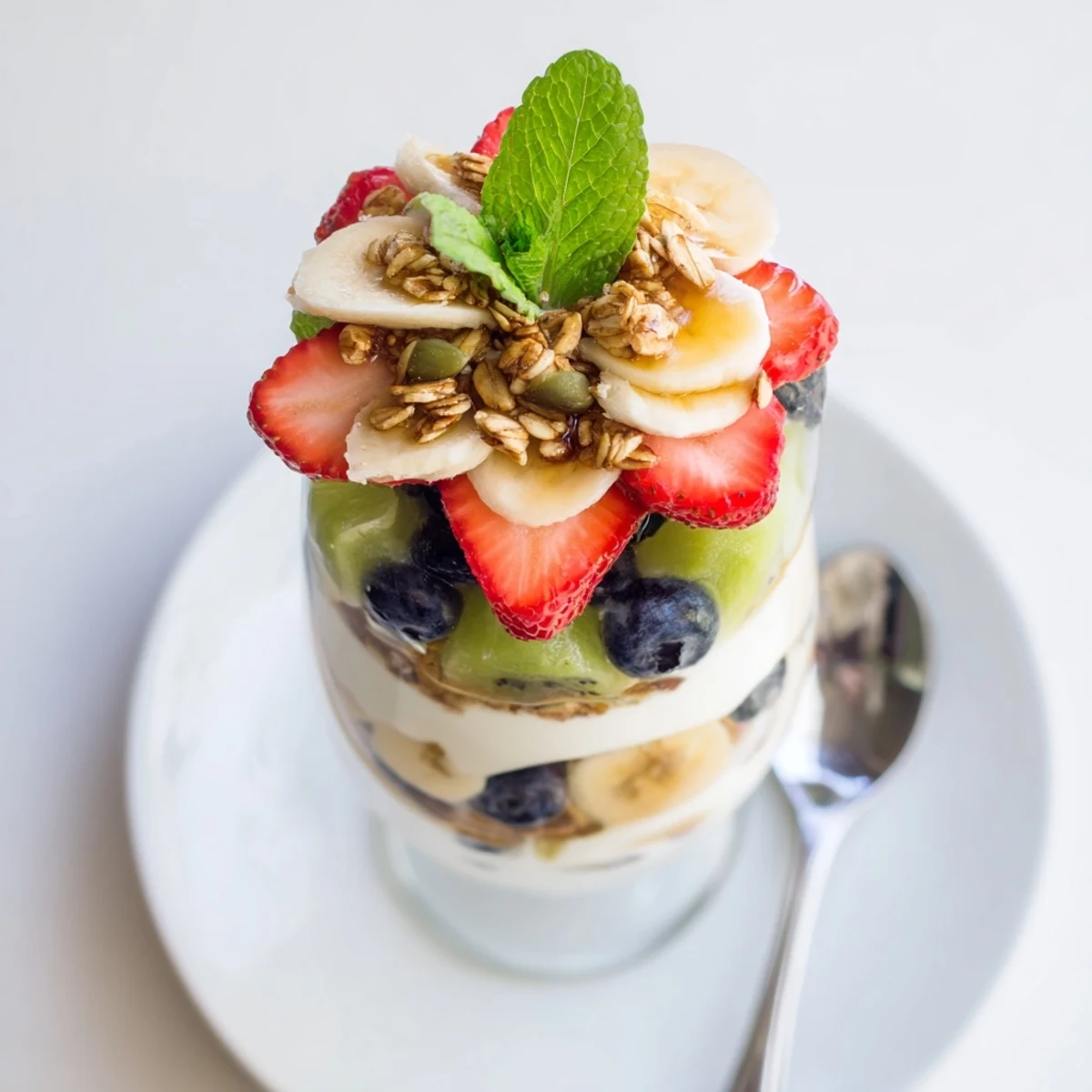 Healthy yogurt parfait recipe featuring creamy layers topped with sliced strawberries and blueberries