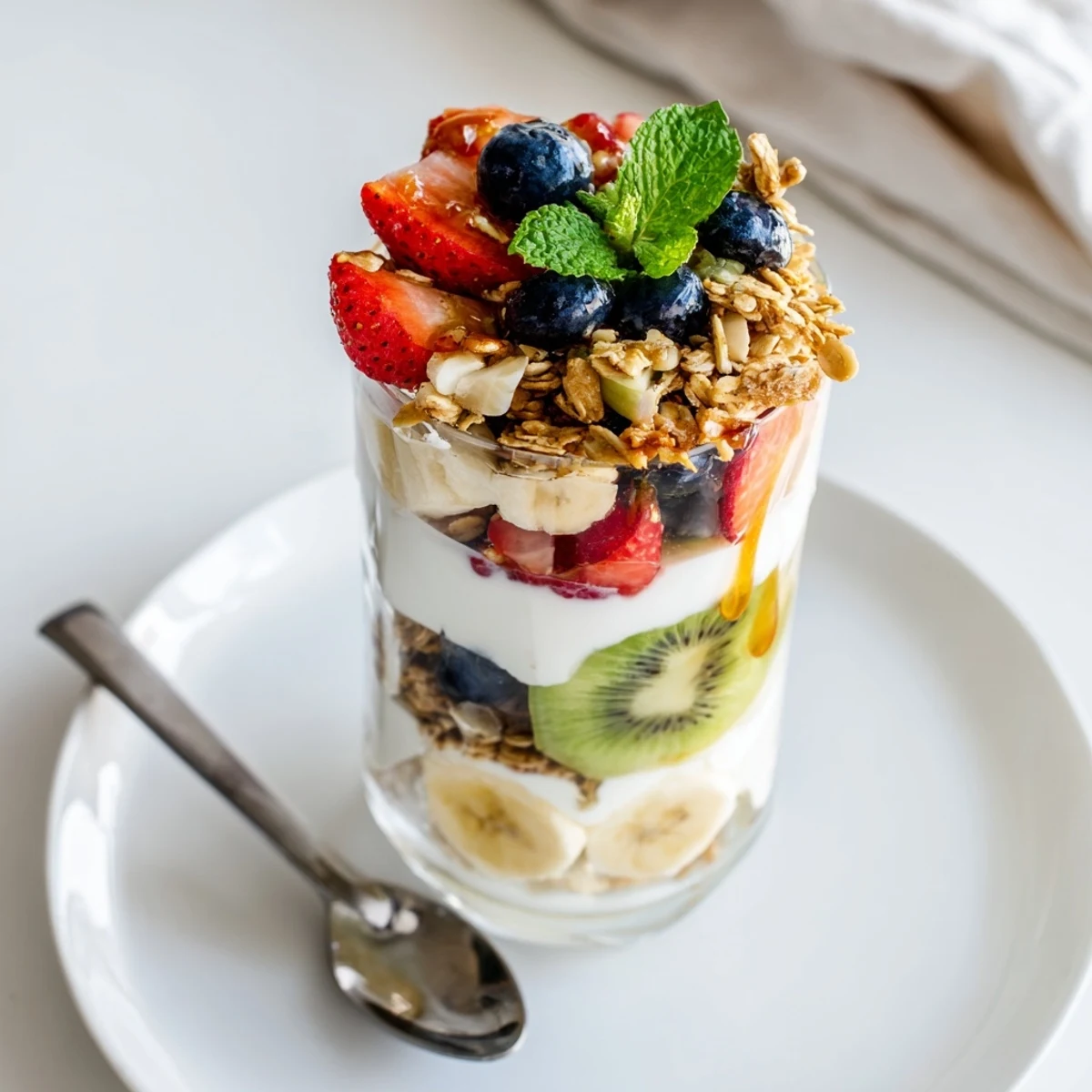 Breakfast yogurt parfait recipe with sweet honey drizzle over mixed fresh fruit layers